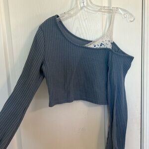 blue off the shoulder sweater